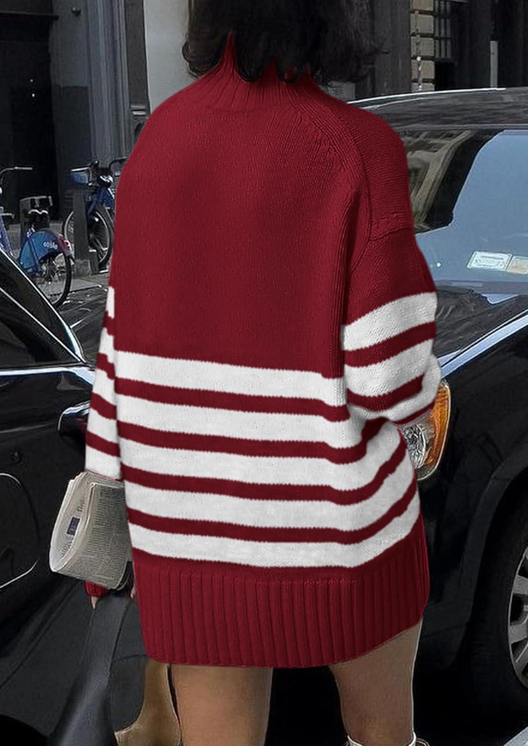 imagePRETTYGARDEN Women Oversized Striped Turtleneck Sweater 2025 Fall Fashion Long Sleeve Pullover Winter Chunky Knit Jumper TopsWine Red