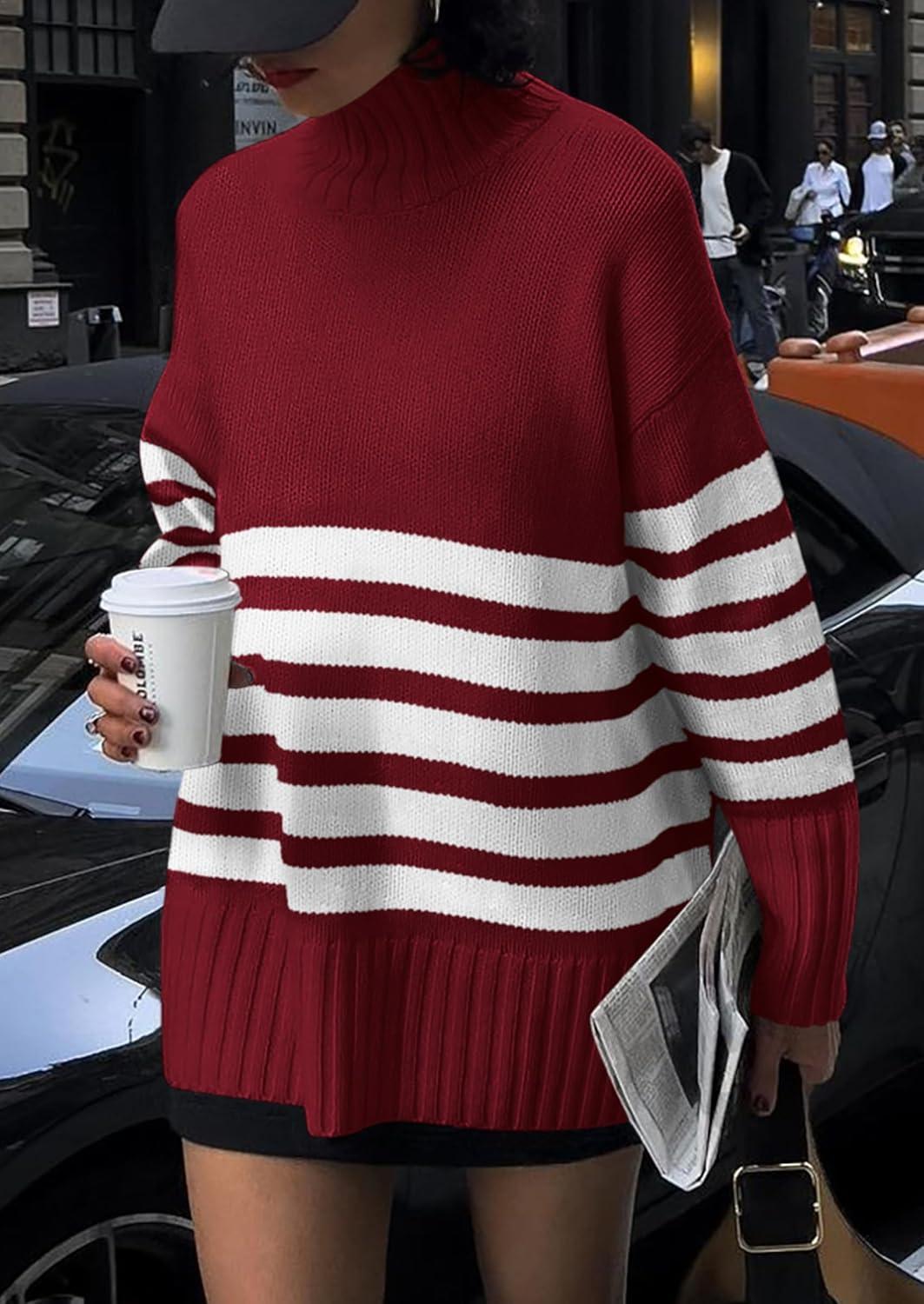 imagePRETTYGARDEN Women Oversized Striped Turtleneck Sweater 2025 Fall Fashion Long Sleeve Pullover Winter Chunky Knit Jumper TopsWine Red