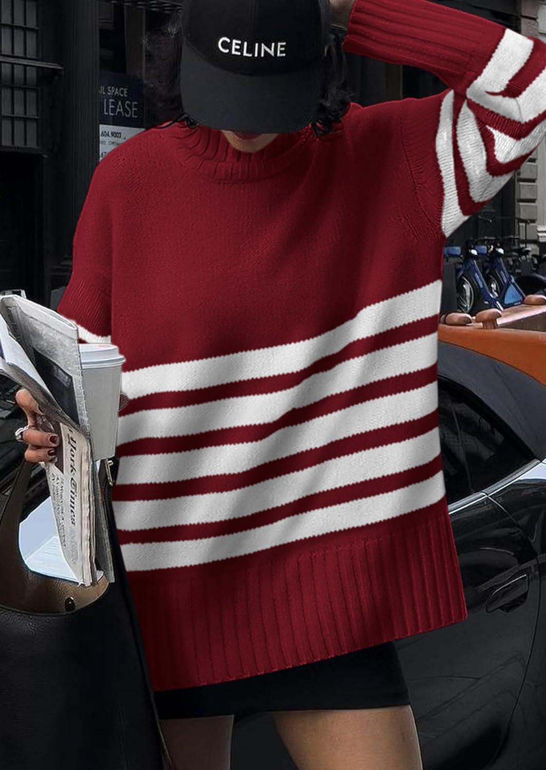 imagePRETTYGARDEN Women Oversized Striped Turtleneck Sweater 2025 Fall Fashion Long Sleeve Pullover Winter Chunky Knit Jumper TopsWine Red