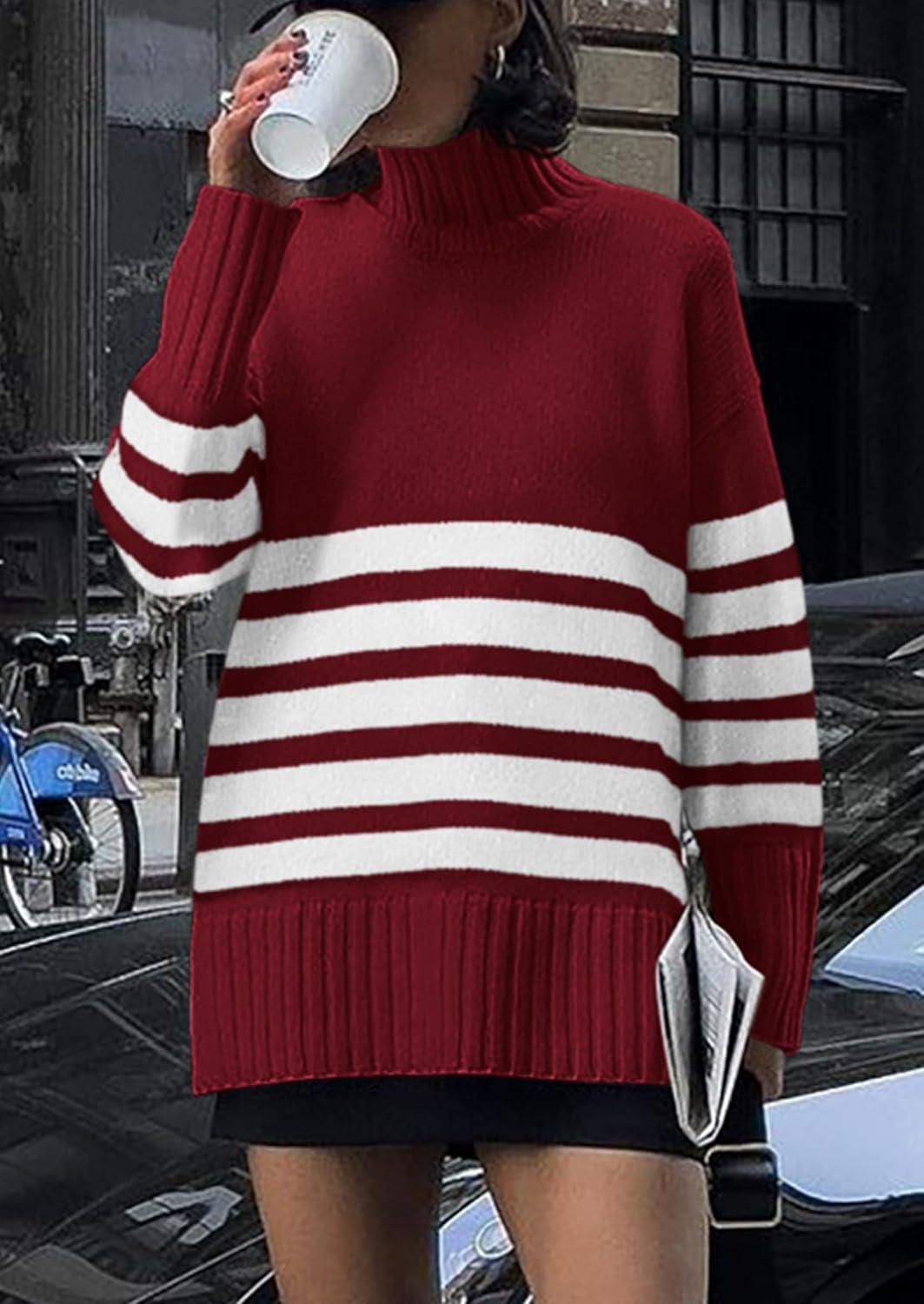 imagePRETTYGARDEN Women Oversized Striped Turtleneck Sweater 2025 Fall Fashion Long Sleeve Pullover Winter Chunky Knit Jumper TopsWine Red