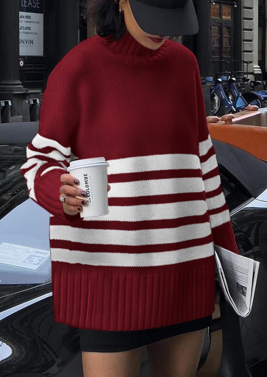 imagePRETTYGARDEN Women Oversized Striped Turtleneck Sweater 2025 Fall Fashion Long Sleeve Pullover Winter Chunky Knit Jumper TopsWine Red