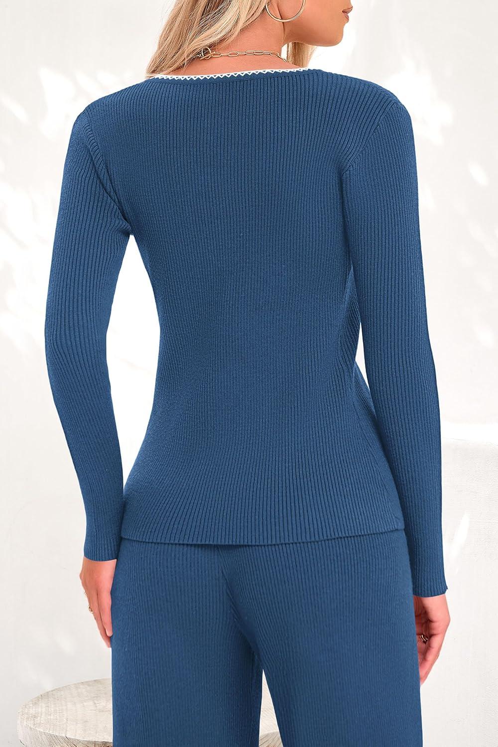 imagePRETTYGARDEN Womens 2 Piece Outfits 2024 Winter Knit Lounge Sets Long Sleeve Buttons Sweater Tops Wide Leg Pants Tracksuits Grey BlueSmall