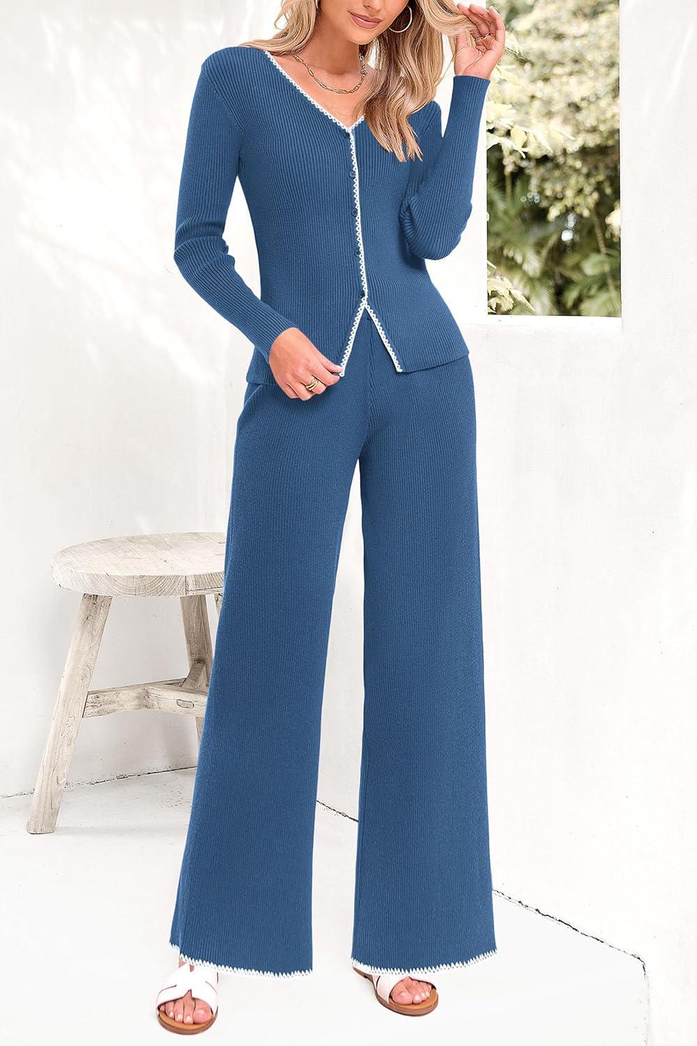 imagePRETTYGARDEN Womens 2 Piece Outfits 2024 Winter Knit Lounge Sets Long Sleeve Buttons Sweater Tops Wide Leg Pants Tracksuits Grey BlueSmall