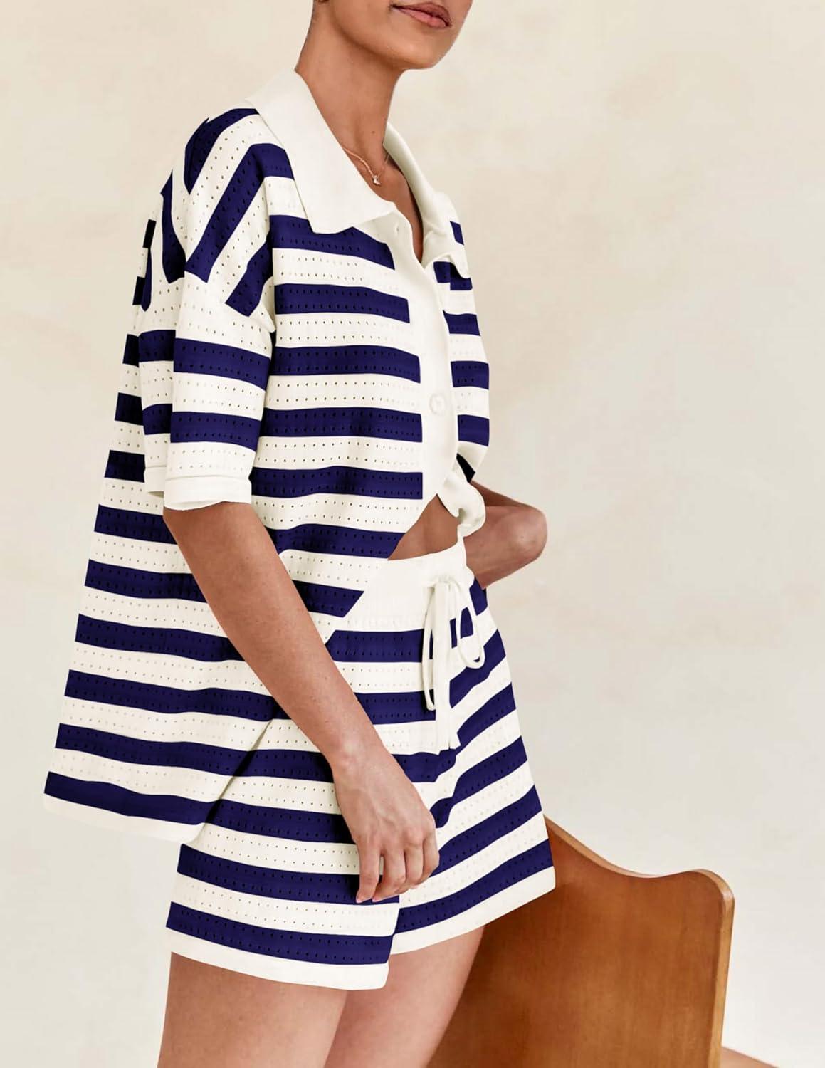 imagePRETTYGARDEN Womens 2 Piece Shorts Sets Casual Summer 2025 Short Sleeve Striped Sweater Set Matching Beach Vacation OutfitBlue