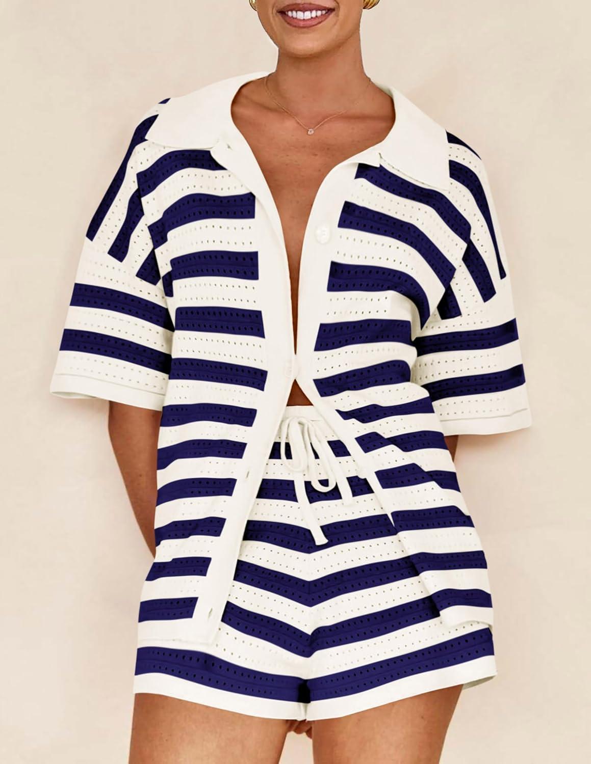 imagePRETTYGARDEN Womens 2 Piece Shorts Sets Casual Summer 2025 Short Sleeve Striped Sweater Set Matching Beach Vacation OutfitBlue