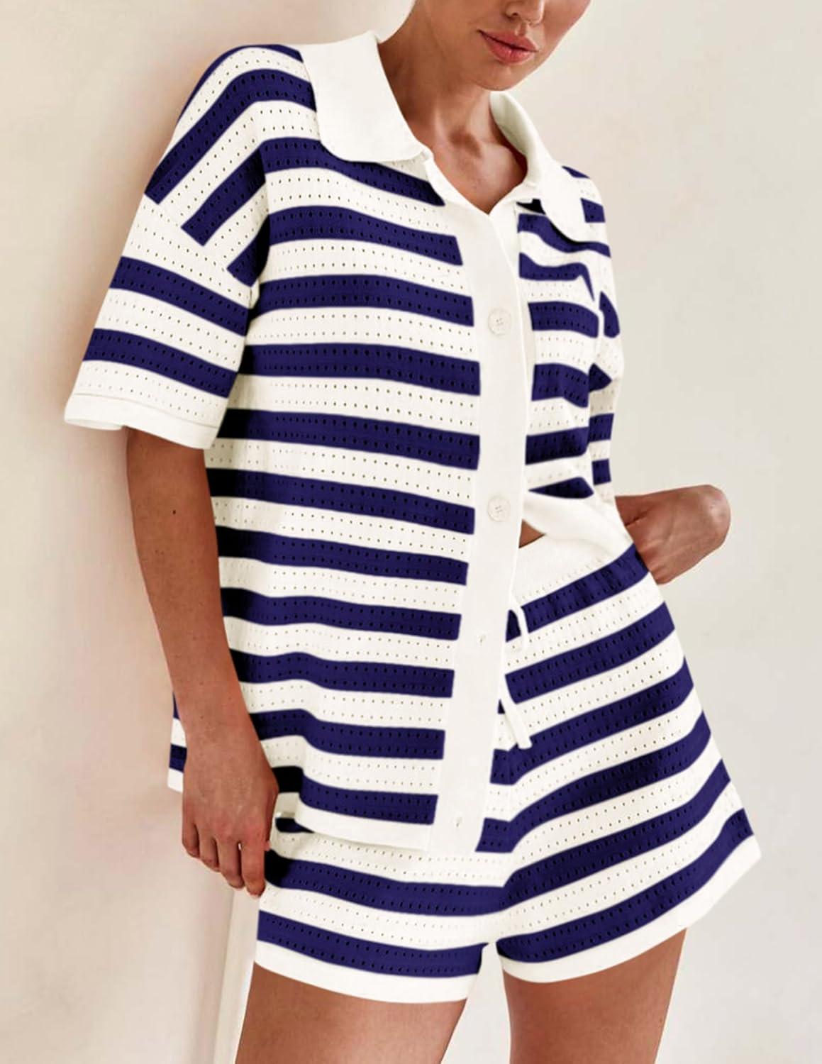 imagePRETTYGARDEN Womens 2 Piece Shorts Sets Casual Summer 2025 Short Sleeve Striped Sweater Set Matching Beach Vacation OutfitBlue