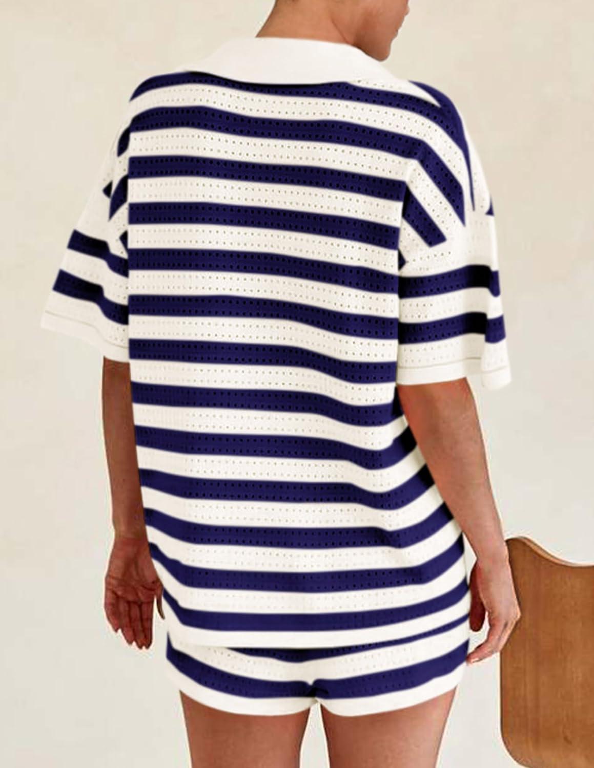 imagePRETTYGARDEN Womens 2 Piece Shorts Sets Casual Summer 2025 Short Sleeve Striped Sweater Set Matching Beach Vacation OutfitBlue