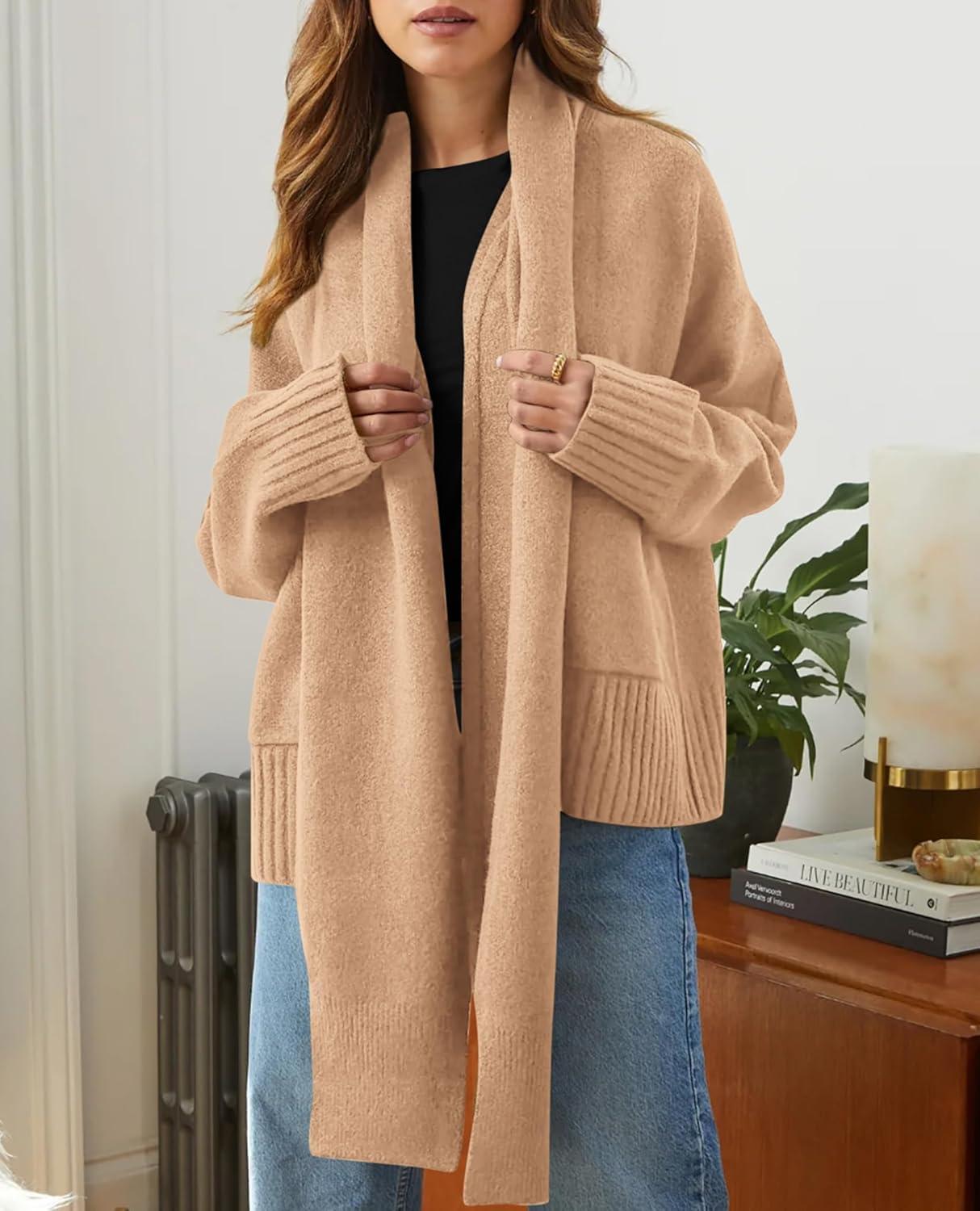 imagePRETTYGARDEN Womens 2024 Fall Fashion Knit Cardigan Sweaters Long Sleeve V Neck Open Front Winter Sweater Jacket with Scarf