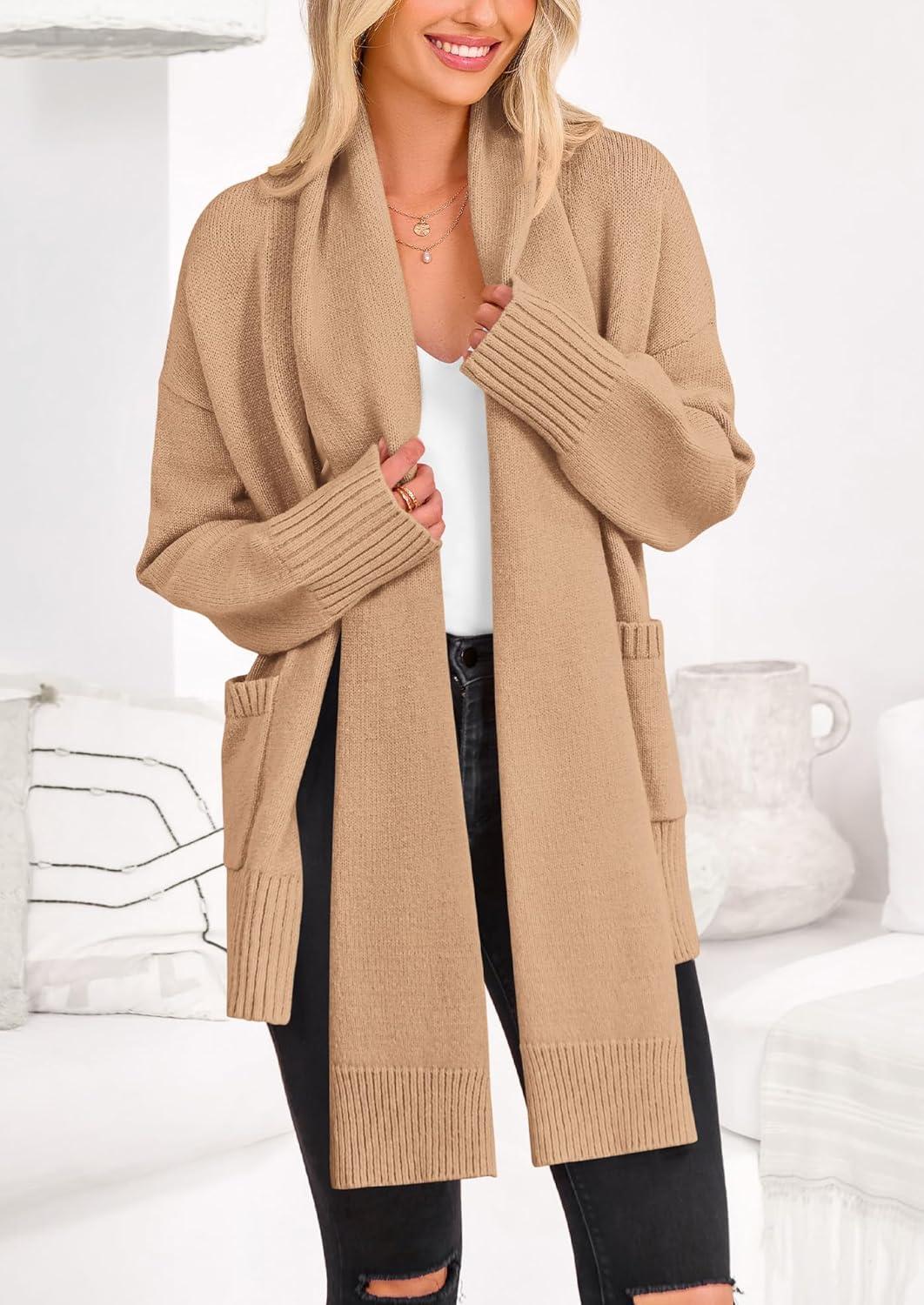 imagePRETTYGARDEN Womens 2024 Fall Fashion Knit Cardigan Sweaters Long Sleeve V Neck Open Front Winter Sweater Jacket with Scarf