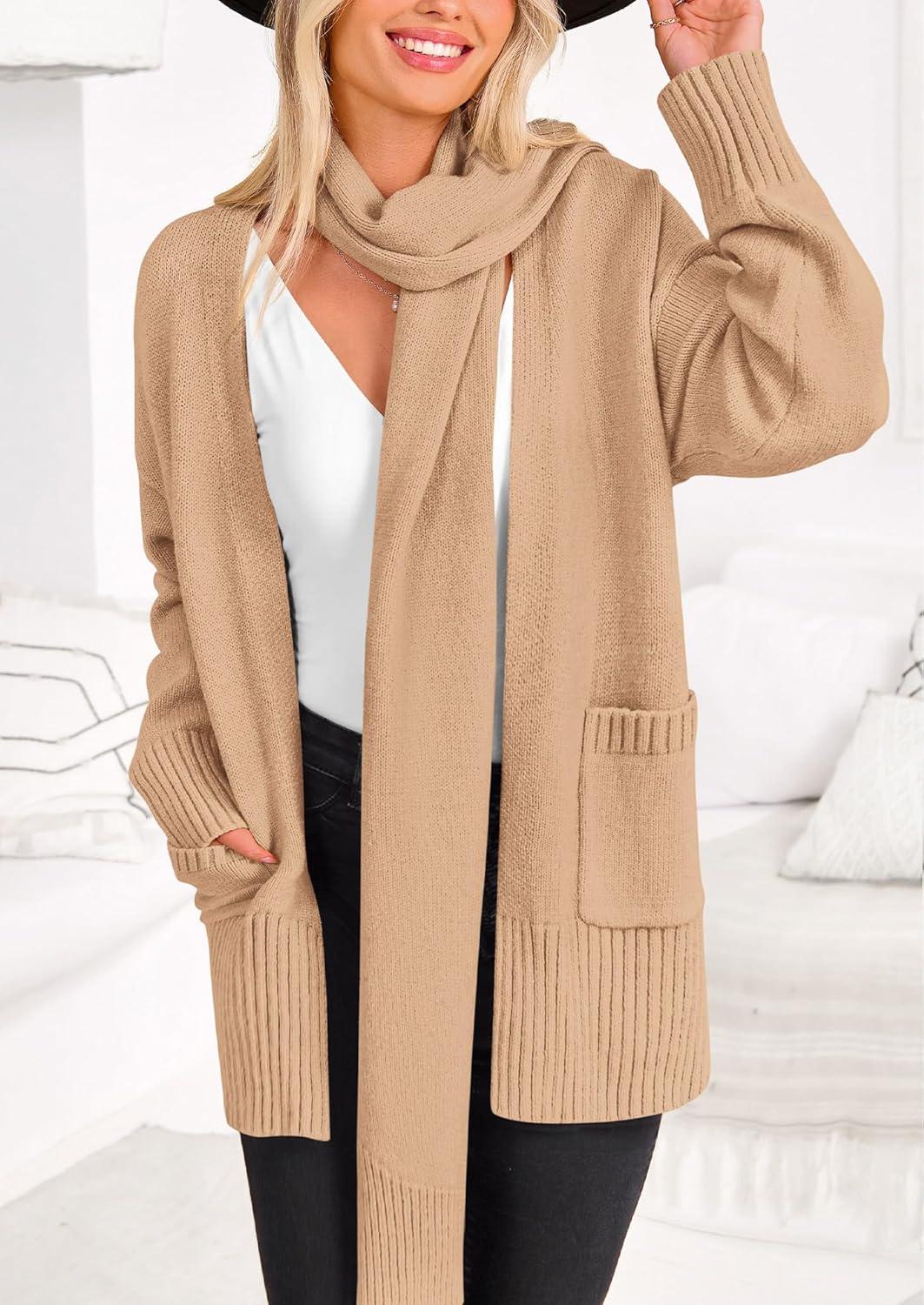 imagePRETTYGARDEN Womens 2024 Fall Fashion Knit Cardigan Sweaters Long Sleeve V Neck Open Front Winter Sweater Jacket with Scarf