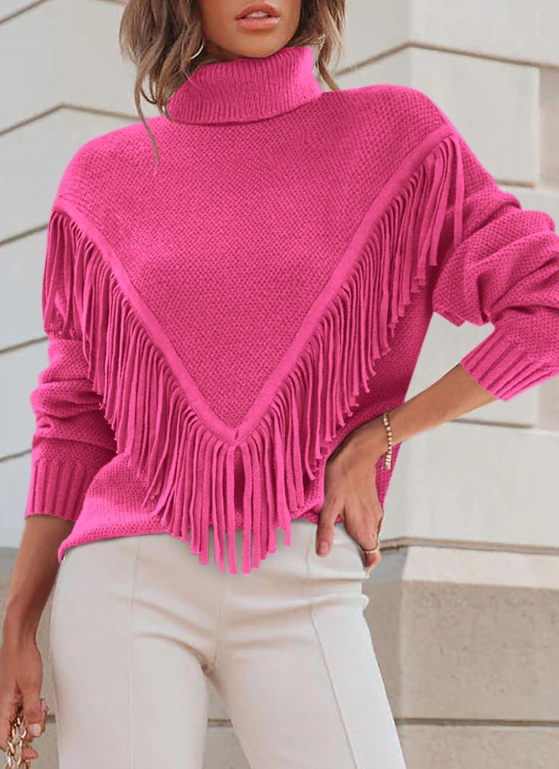 imagePRETTYGARDEN Womens 2024 Fall Knit Pullover Sweaters Long Sleeve Turtleneck Fringe Jumper Tops BlouseRose Red