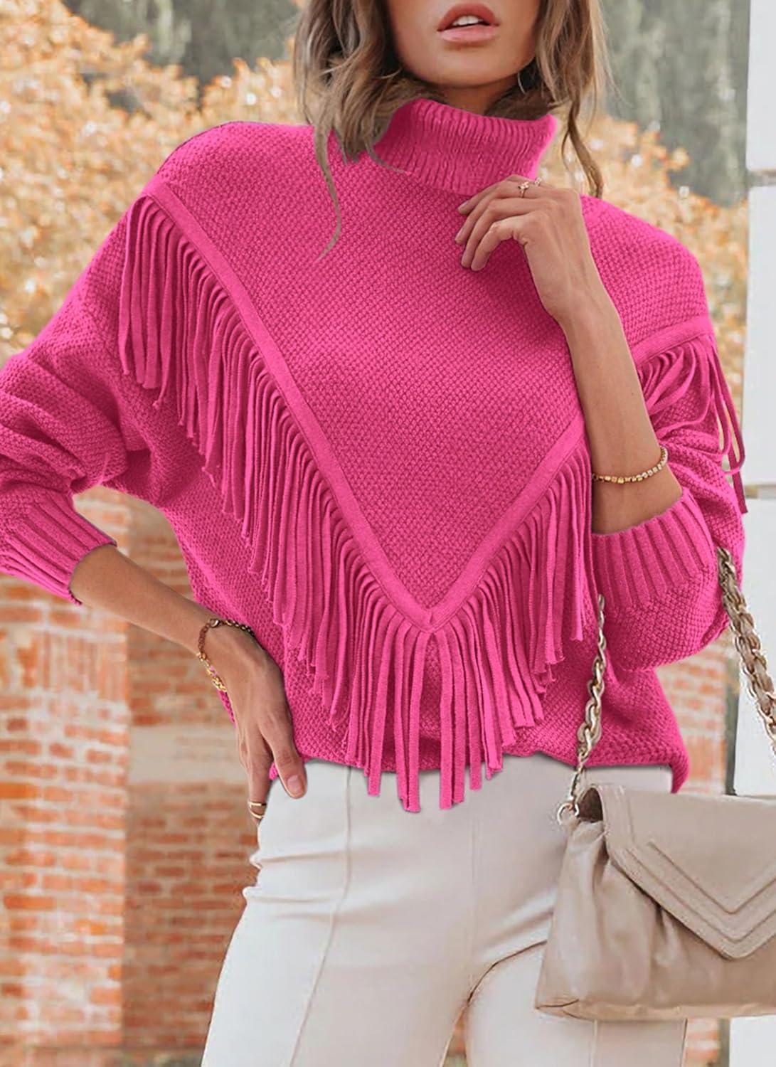 imagePRETTYGARDEN Womens 2024 Fall Knit Pullover Sweaters Long Sleeve Turtleneck Fringe Jumper Tops BlouseRose Red