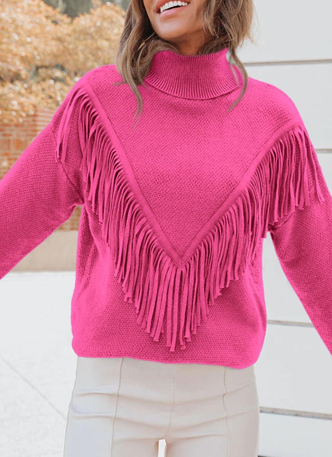 imagePRETTYGARDEN Womens 2024 Fall Knit Pullover Sweaters Long Sleeve Turtleneck Fringe Jumper Tops BlouseRose Red