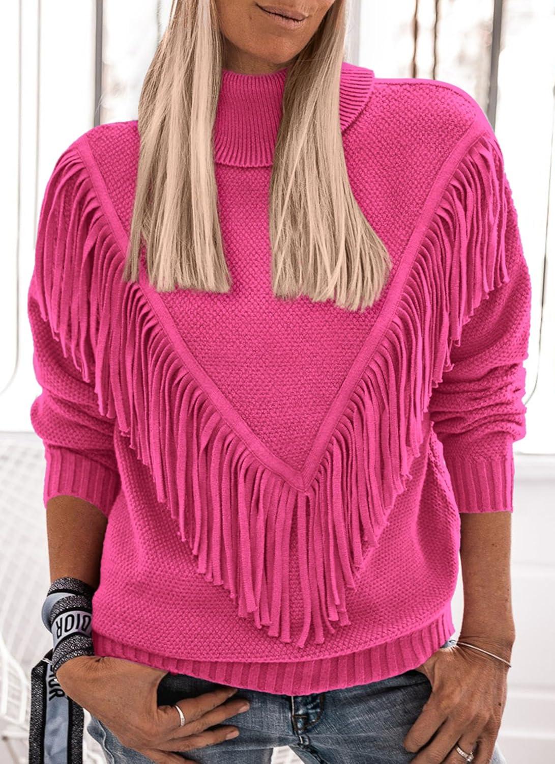 imagePRETTYGARDEN Womens 2024 Fall Knit Pullover Sweaters Long Sleeve Turtleneck Fringe Jumper Tops BlouseRose Red