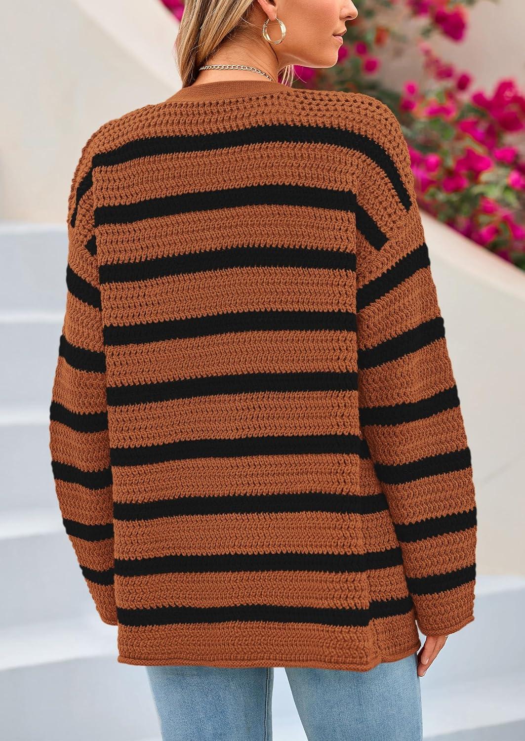 imagePRETTYGARDEN Womens 2024 Fall Striped Open Front Cardigan Sweaters Chunky Knit Long Sleeve Loose Trendy Winter CardigansStriped Brown Black