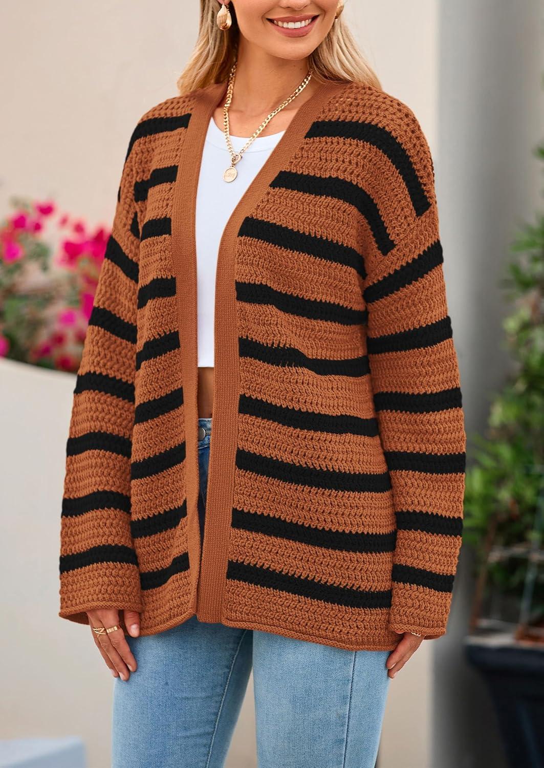 imagePRETTYGARDEN Womens 2024 Fall Striped Open Front Cardigan Sweaters Chunky Knit Long Sleeve Loose Trendy Winter CardigansStriped Brown Black
