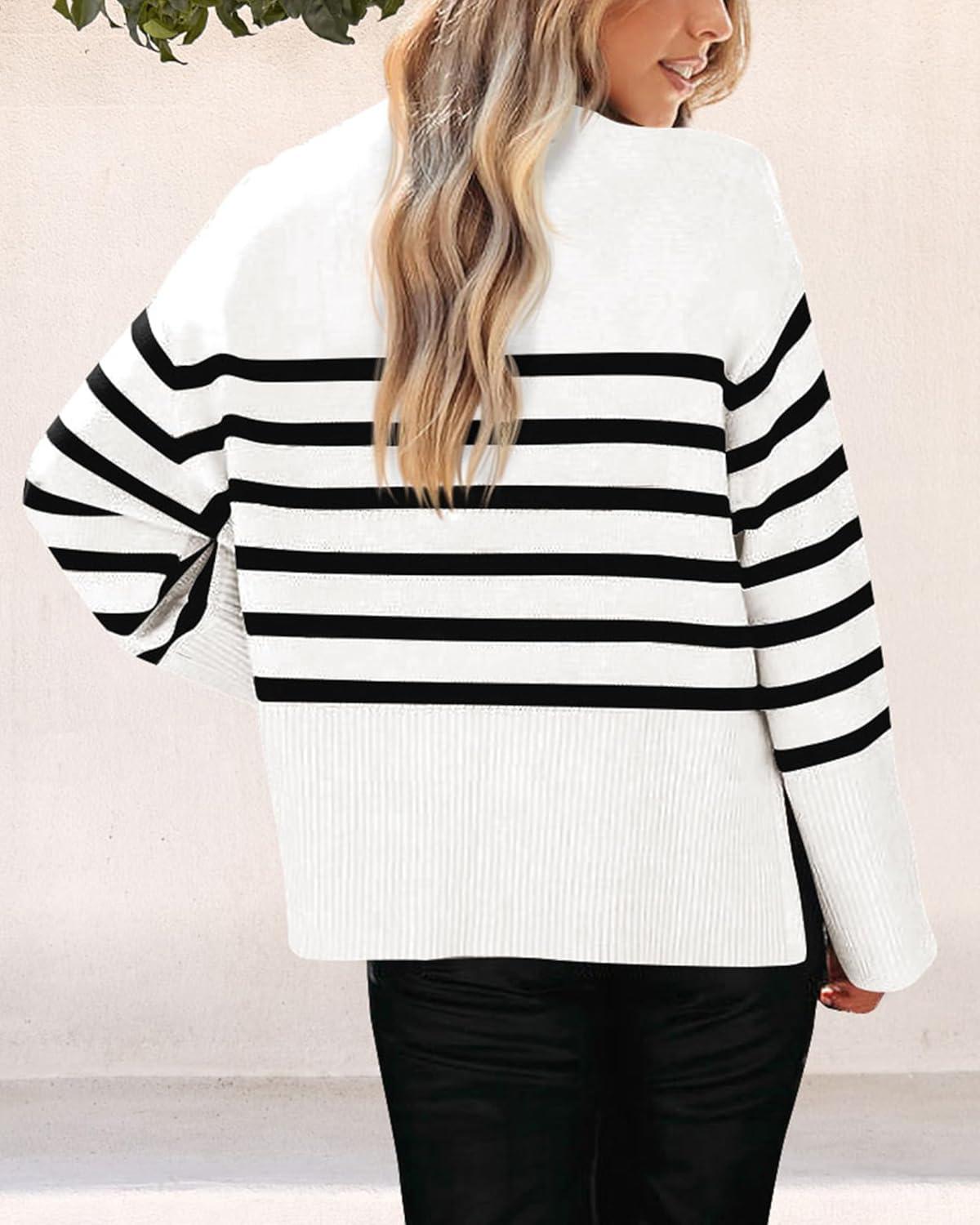 imagePRETTYGARDEN Womens 2024 Fall Striped Sweater Oversized Long Sleeve Crew Neck Side Slit Casual Trendy Knit Pullover Sweaters