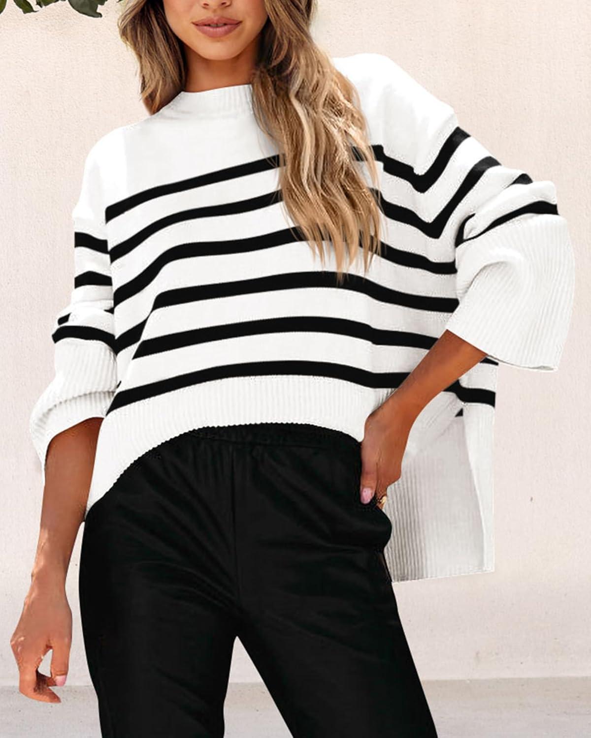 imagePRETTYGARDEN Womens 2024 Fall Striped Sweater Oversized Long Sleeve Crew Neck Side Slit Casual Trendy Knit Pullover Sweaters