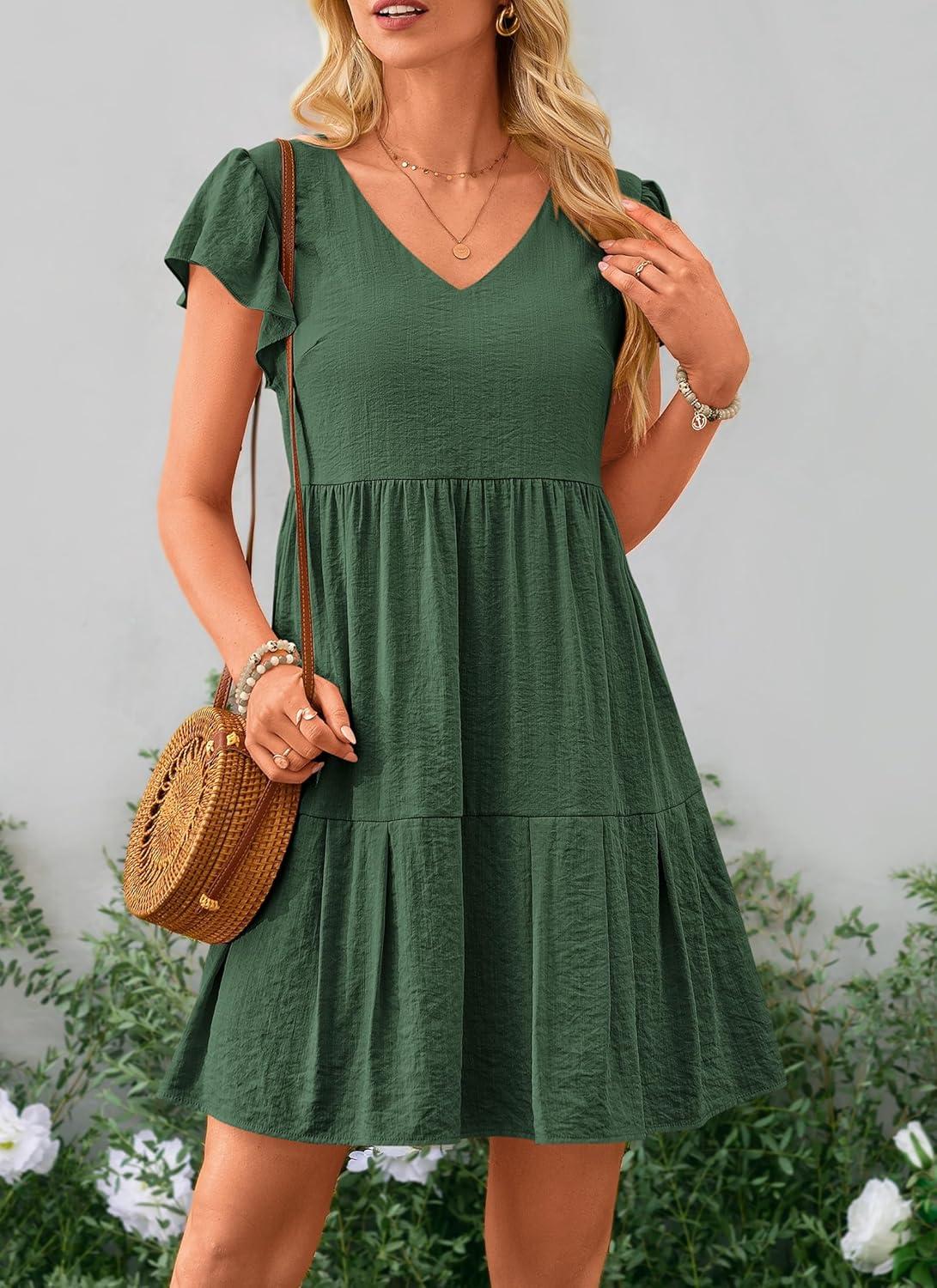 imagePRETTYGARDEN Womens 2024 Summer Casual Short Dress Cap Sleeve V Neck Tiered Ruffle Swing A Line Dresses GreenMedium