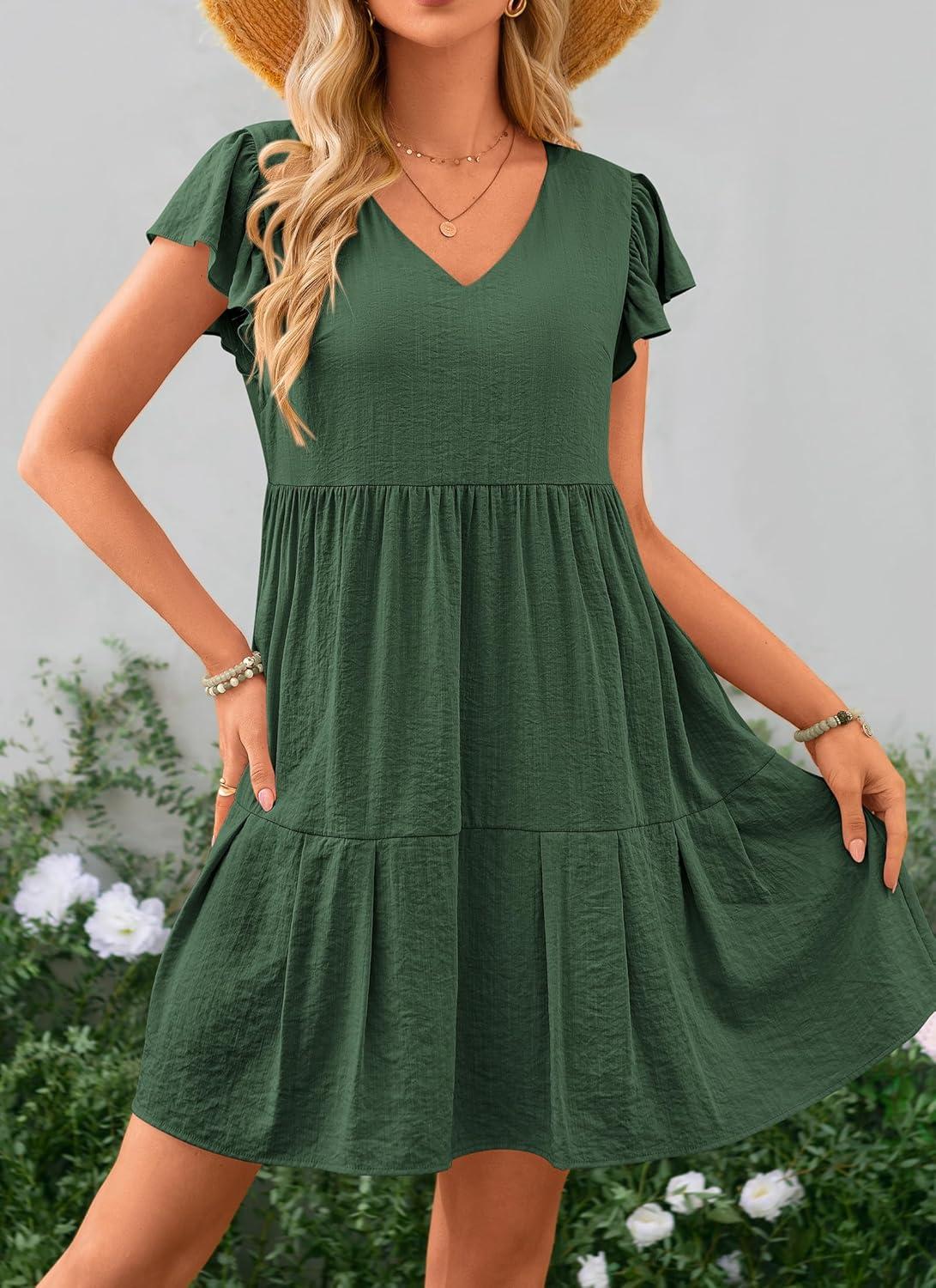 imagePRETTYGARDEN Womens 2024 Summer Casual Short Dress Cap Sleeve V Neck Tiered Ruffle Swing A Line Dresses GreenMedium