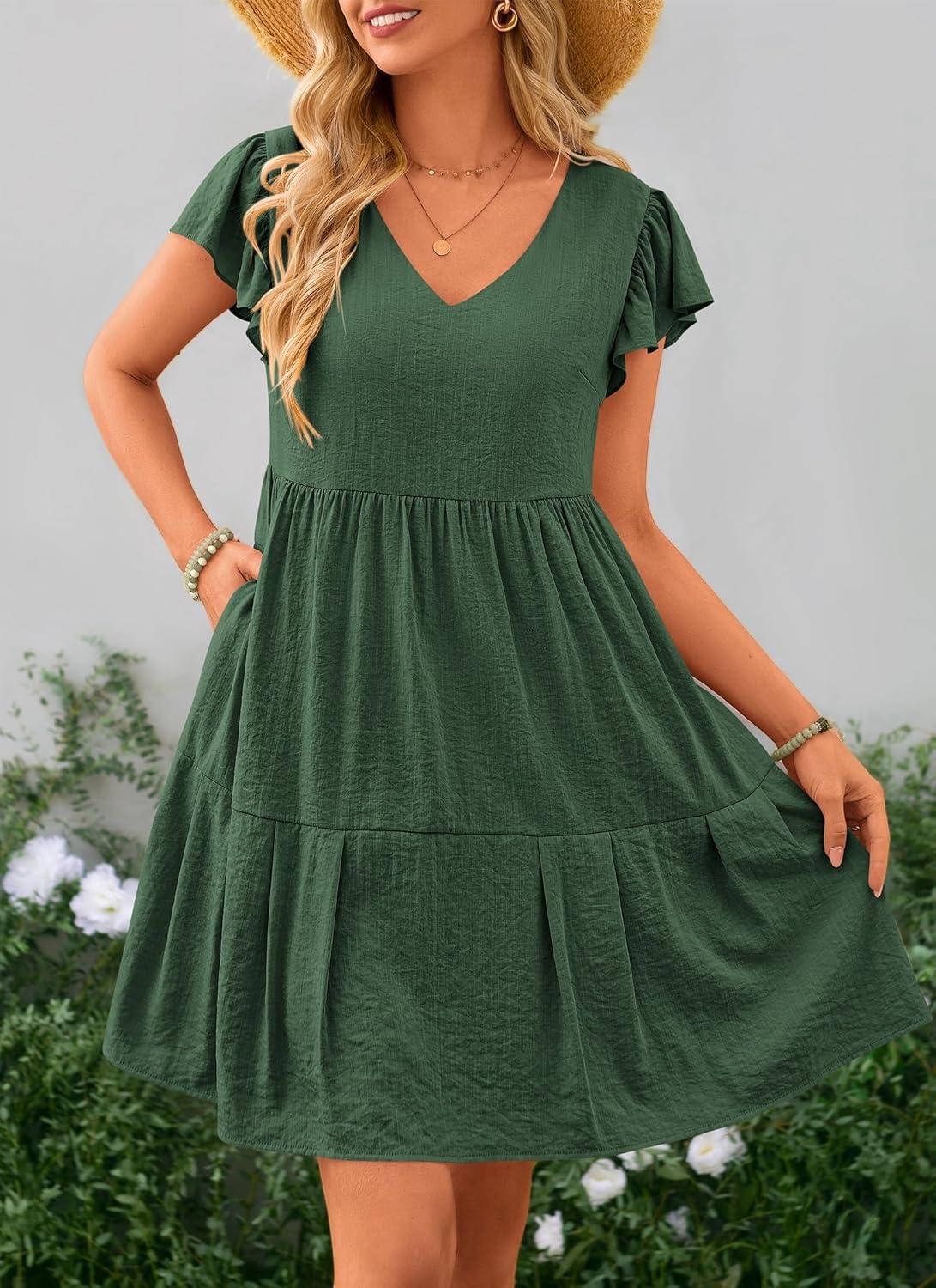 imagePRETTYGARDEN Womens 2024 Summer Casual Short Dress Cap Sleeve V Neck Tiered Ruffle Swing A Line Dresses GreenMedium