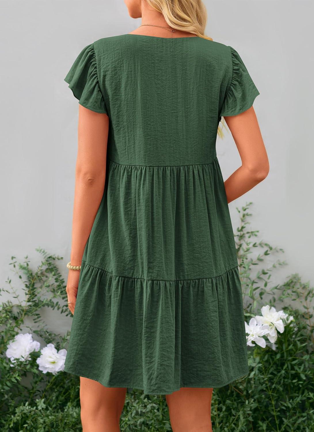imagePRETTYGARDEN Womens 2024 Summer Casual Short Dress Cap Sleeve V Neck Tiered Ruffle Swing A Line Dresses GreenMedium