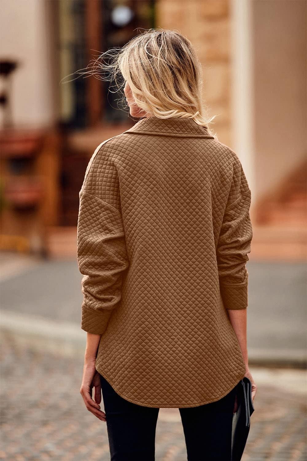 imagePRETTYGARDEN Womens 2024 Winter Jackets Lapel Coat Outerwear Casual Long Sleeve Button Down Blouse Shirts Tops Dark KhakiLarge