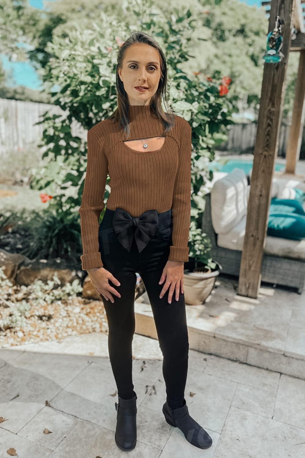 imagePRETTYGARDEN Womens 2025 Fashion Fall Clothes 2 Piece Cutout Tops Long Sleeve Mock Neck Rib Knit Winter Pullover SweaterBrown