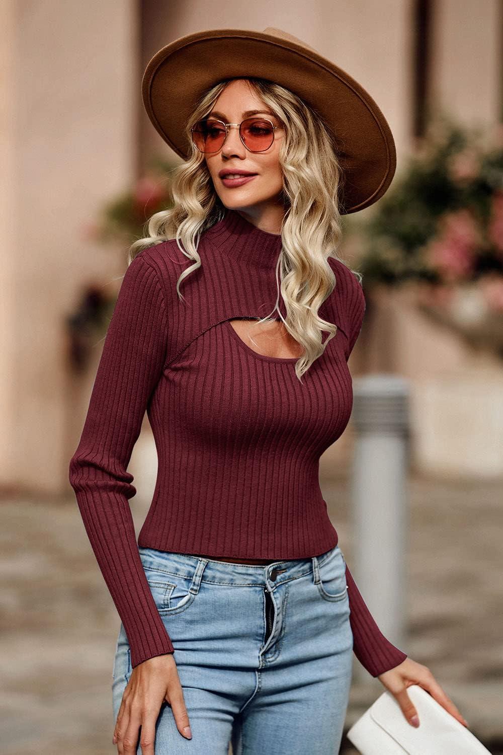 imagePRETTYGARDEN Womens 2025 Fashion Fall Clothes 2 Piece Cutout Tops Long Sleeve Mock Neck Rib Knit Winter Pullover SweaterWine Red