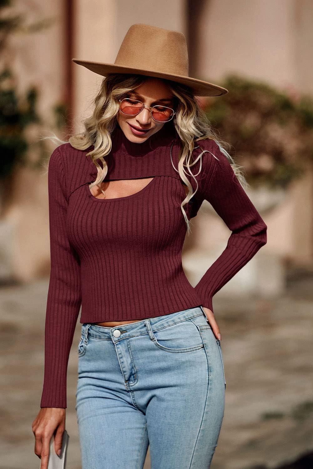 imagePRETTYGARDEN Womens 2025 Fashion Fall Clothes 2 Piece Cutout Tops Long Sleeve Mock Neck Rib Knit Winter Pullover SweaterWine Red