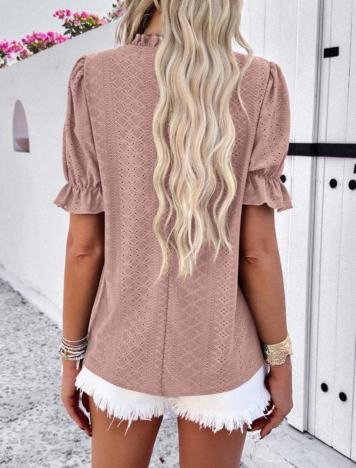 imagePRETTYGARDEN Womens 2025 Summer Tops Casual Crewneck Ruffle Short Sleeve Eyelet Babydoll Blouse Shirts Dusty PinkLarge