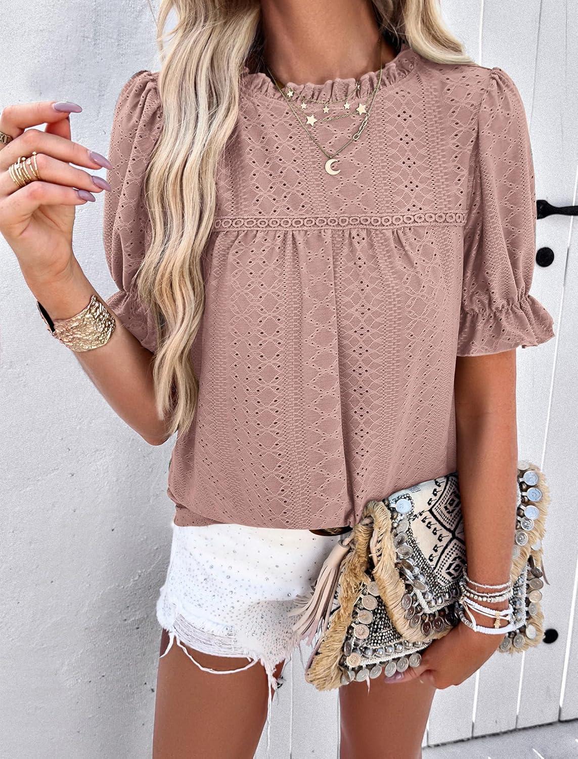 imagePRETTYGARDEN Womens 2025 Summer Tops Casual Crewneck Ruffle Short Sleeve Eyelet Babydoll Blouse Shirts Dusty PinkLarge