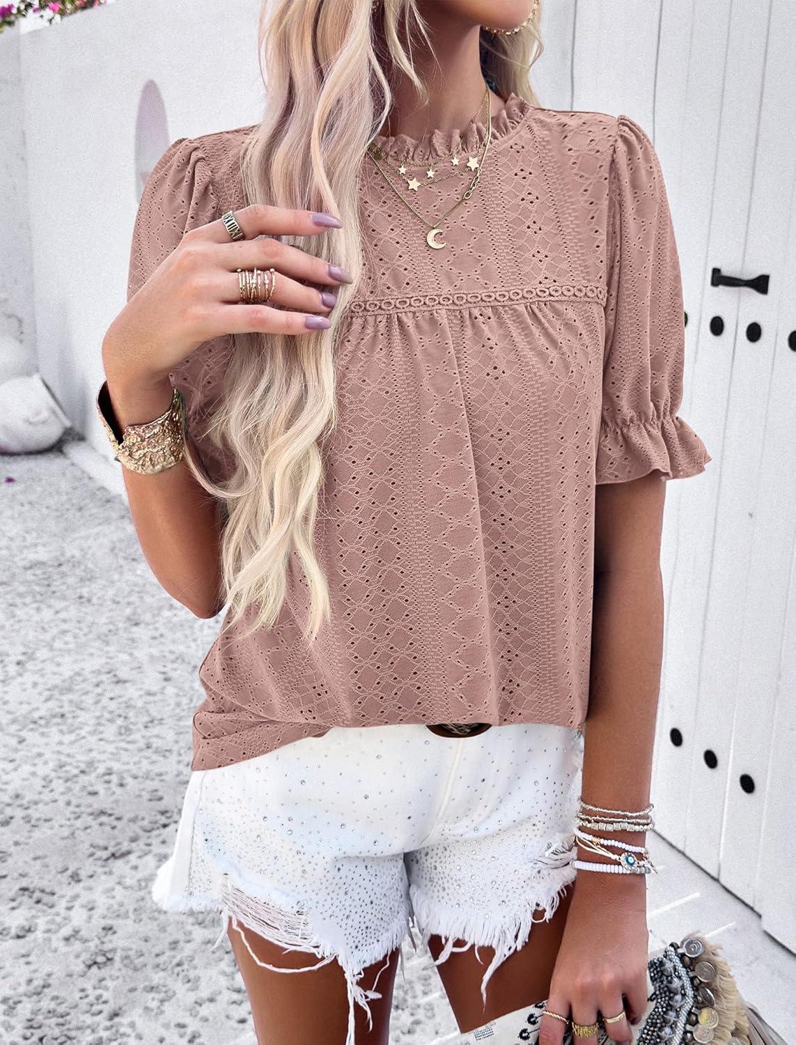 imagePRETTYGARDEN Womens 2025 Summer Tops Casual Crewneck Ruffle Short Sleeve Eyelet Babydoll Blouse Shirts Dusty PinkLarge