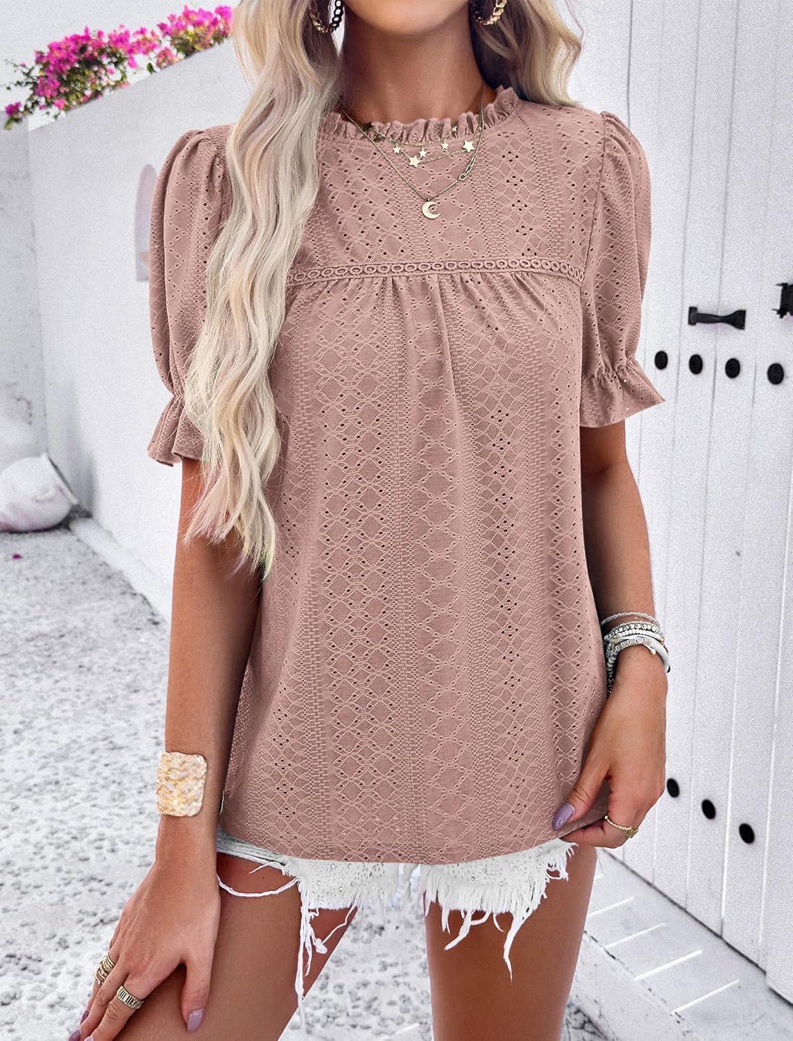 imagePRETTYGARDEN Womens 2025 Summer Tops Casual Crewneck Ruffle Short Sleeve Eyelet Babydoll Blouse Shirts Dusty PinkLarge
