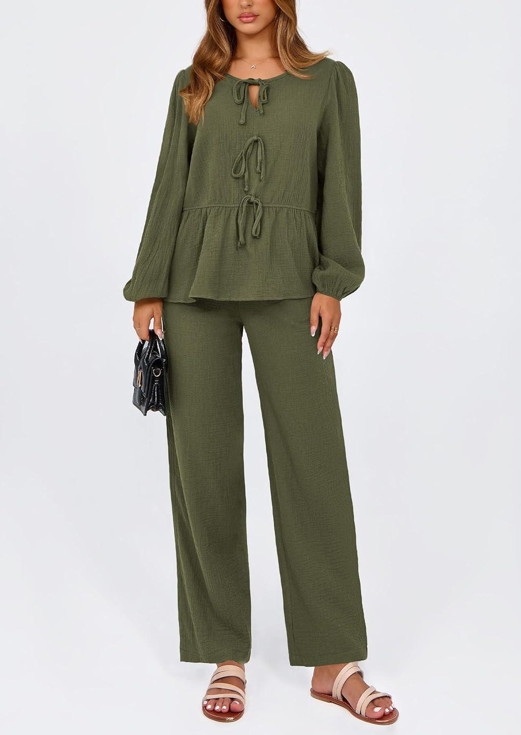 imagePRETTYGARDEN Womens 2025 Two Piece Outfits Tie Front Long Sleeve Top Wide Leg Pant Lounge Sets Cute Matching LoungewearDark Green