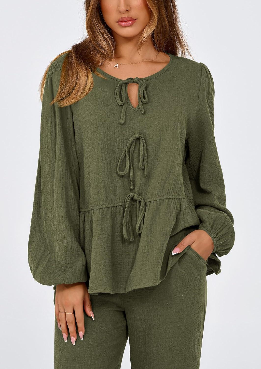 imagePRETTYGARDEN Womens 2025 Two Piece Outfits Tie Front Long Sleeve Top Wide Leg Pant Lounge Sets Cute Matching LoungewearDark Green