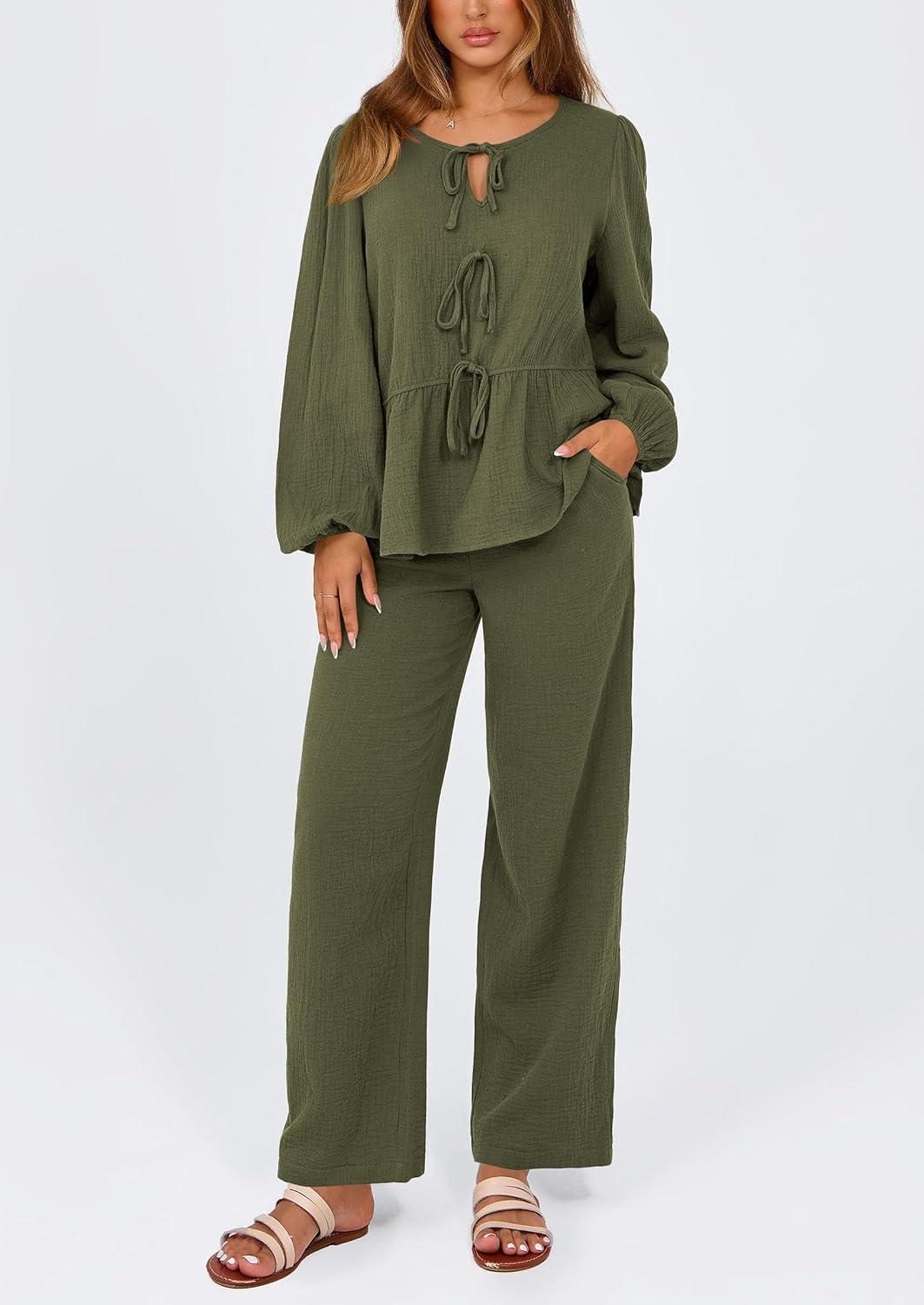 imagePRETTYGARDEN Womens 2025 Two Piece Outfits Tie Front Long Sleeve Top Wide Leg Pant Lounge Sets Cute Matching LoungewearDark Green