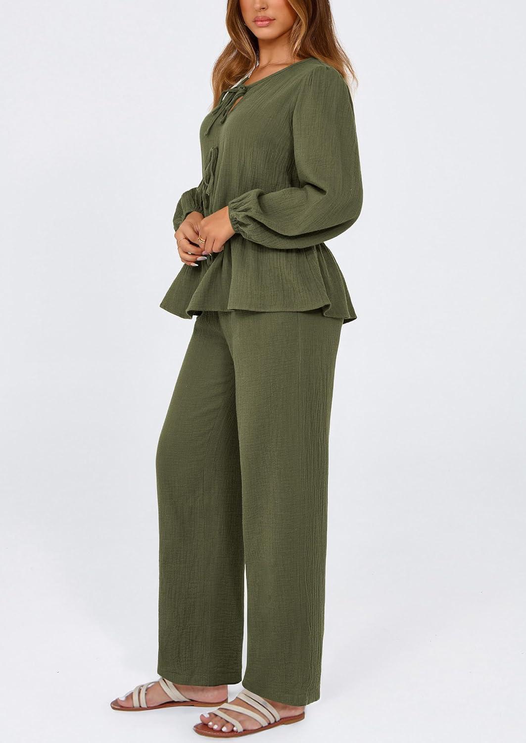 imagePRETTYGARDEN Womens 2025 Two Piece Outfits Tie Front Long Sleeve Top Wide Leg Pant Lounge Sets Cute Matching LoungewearDark Green