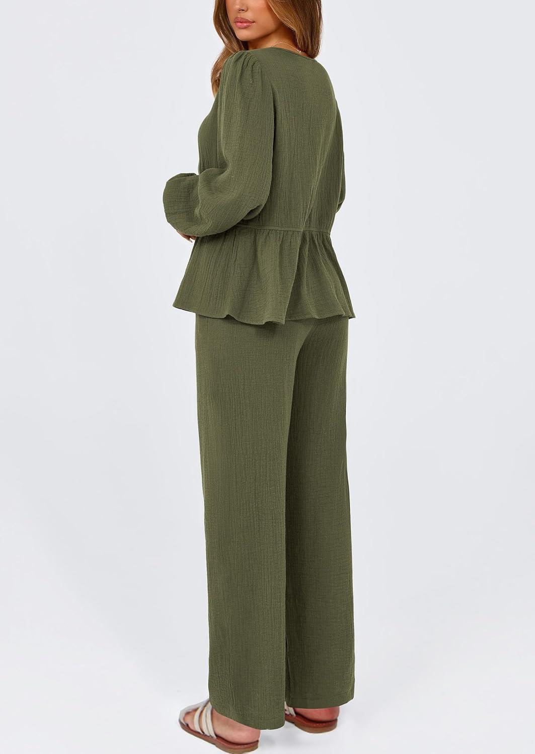 imagePRETTYGARDEN Womens 2025 Two Piece Outfits Tie Front Long Sleeve Top Wide Leg Pant Lounge Sets Cute Matching LoungewearDark Green