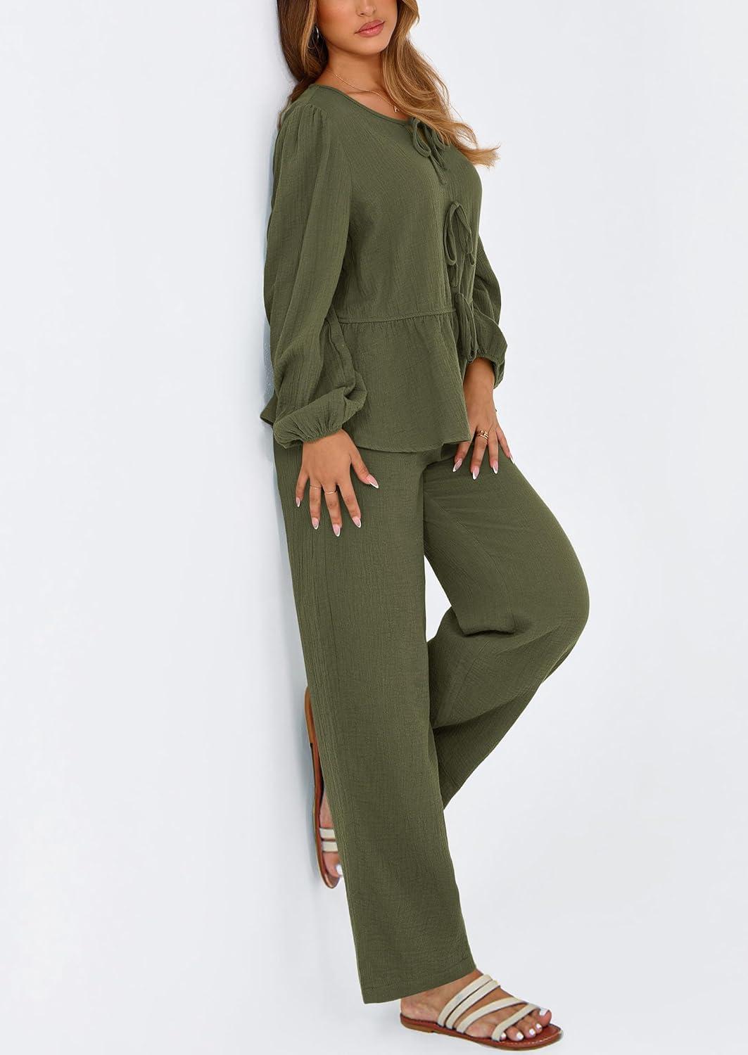 imagePRETTYGARDEN Womens 2025 Two Piece Outfits Tie Front Long Sleeve Top Wide Leg Pant Lounge Sets Cute Matching LoungewearDark Green