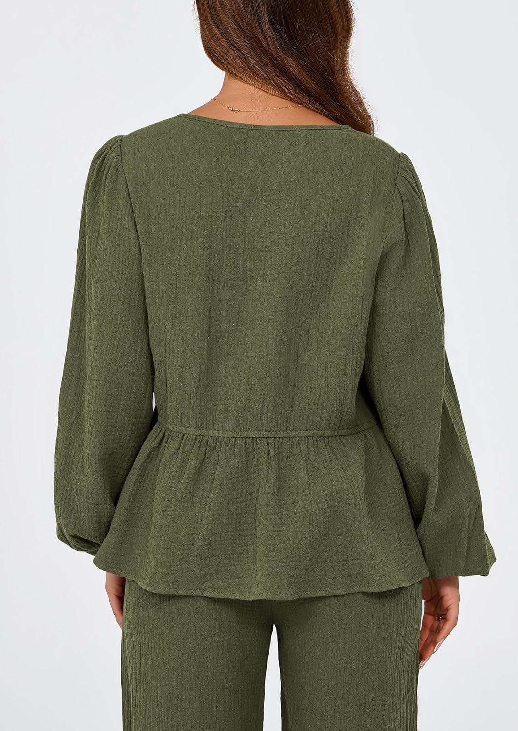 imagePRETTYGARDEN Womens 2025 Two Piece Outfits Tie Front Long Sleeve Top Wide Leg Pant Lounge Sets Cute Matching LoungewearDark Green