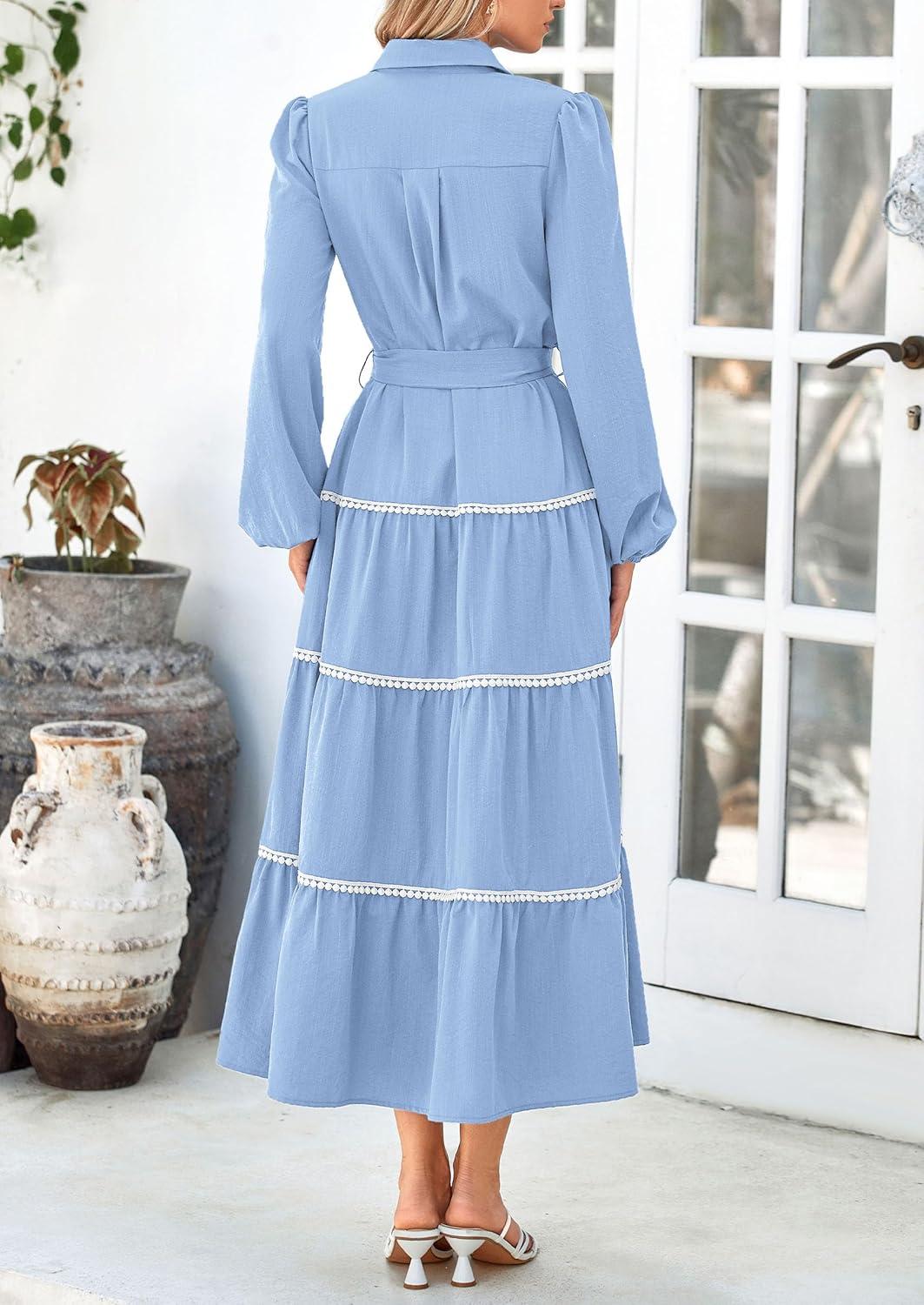 imagePRETTYGARDEN Womens Casual Dresses Loose Belted Long Lantern Sleeve Tiered Button Down Maxi Shirt Dress with Pockets Light BlueMedium