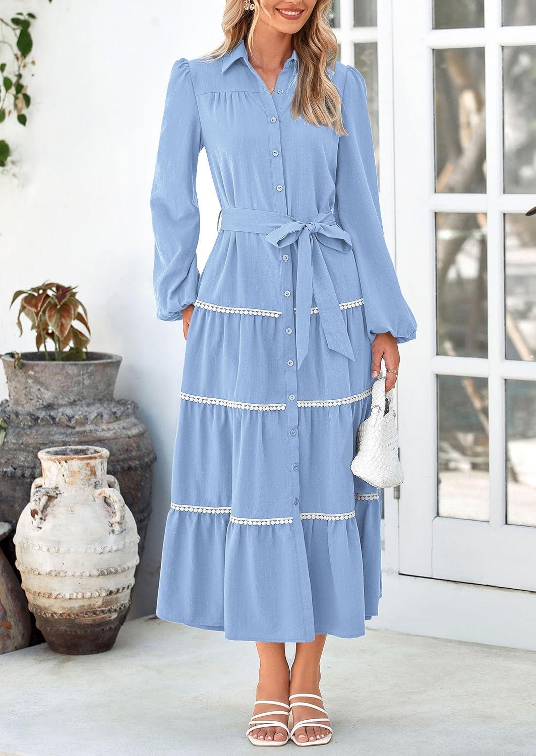 imagePRETTYGARDEN Womens Casual Dresses Loose Belted Long Lantern Sleeve Tiered Button Down Maxi Shirt Dress with Pockets Light BlueMedium