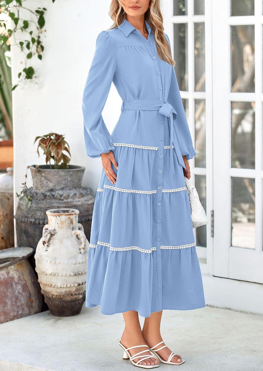 imagePRETTYGARDEN Womens Casual Dresses Loose Belted Long Lantern Sleeve Tiered Button Down Maxi Shirt Dress with Pockets Light BlueMedium