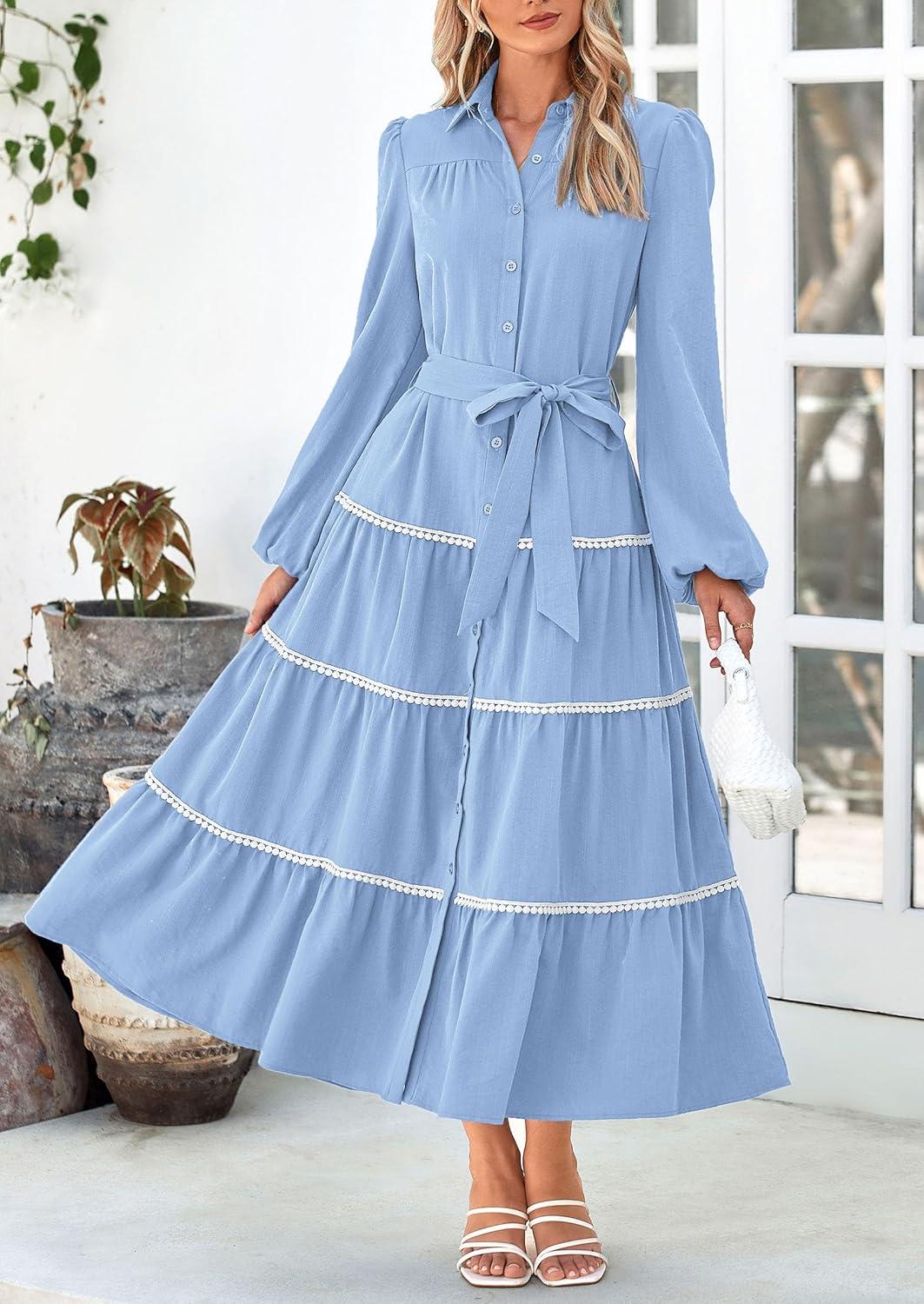 imagePRETTYGARDEN Womens Casual Dresses Loose Belted Long Lantern Sleeve Tiered Button Down Maxi Shirt Dress with Pockets Light BlueMedium