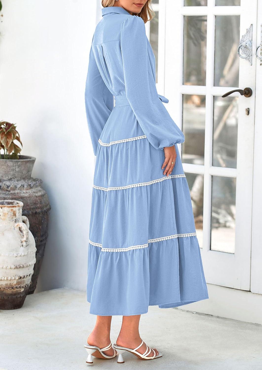 imagePRETTYGARDEN Womens Casual Dresses Loose Belted Long Lantern Sleeve Tiered Button Down Maxi Shirt Dress with Pockets Light BlueMedium