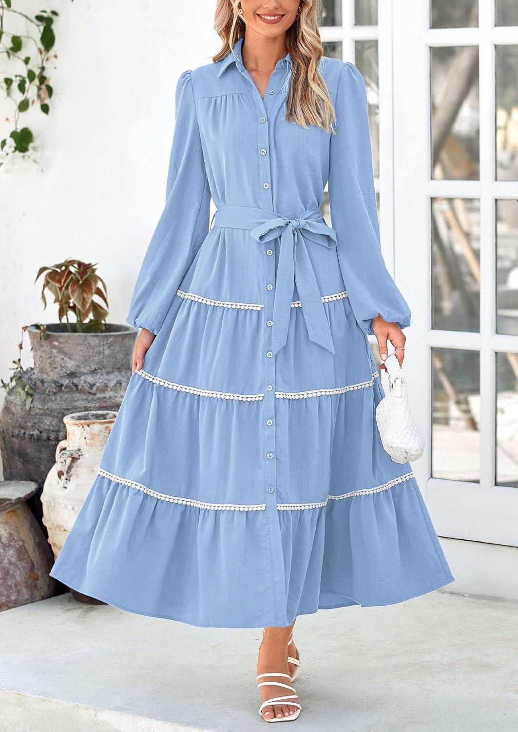 imagePRETTYGARDEN Womens Casual Dresses Loose Belted Long Lantern Sleeve Tiered Button Down Maxi Shirt Dress with Pockets Light BlueMedium