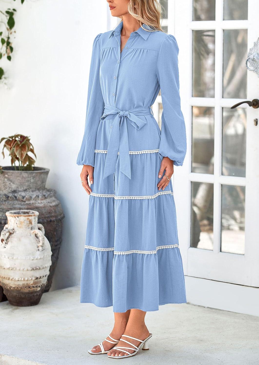 imagePRETTYGARDEN Womens Casual Dresses Loose Belted Long Lantern Sleeve Tiered Button Down Maxi Shirt Dress with Pockets Light BlueMedium