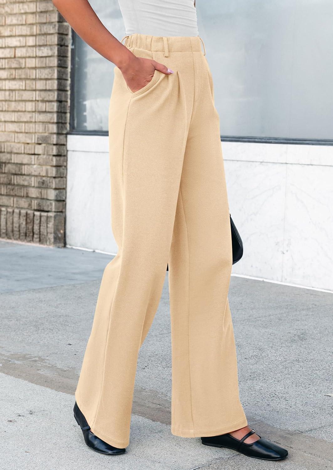 imagePRETTYGARDEN Womens Dress Pants Dressy Casual Palazzo High Elastic Waisted Wide Leg Work Office Trousers PantsBeige