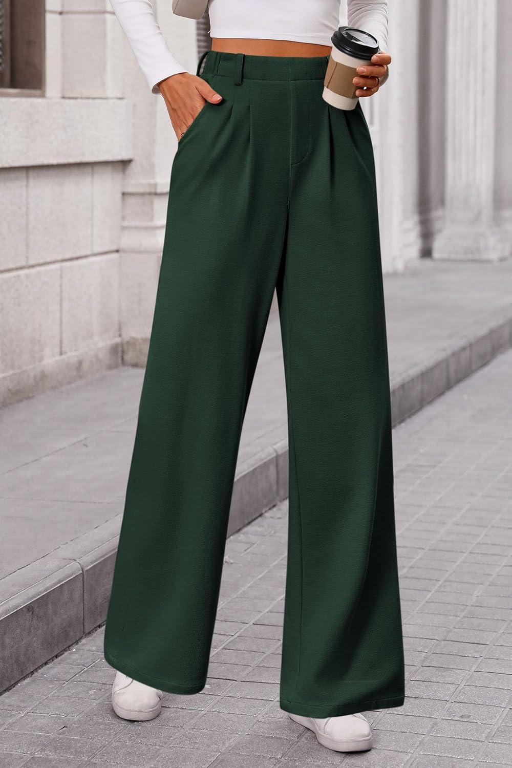 imagePRETTYGARDEN Womens Dress Pants Dressy Casual Palazzo High Elastic Waisted Wide Leg Work Office Trousers PantsDark Green